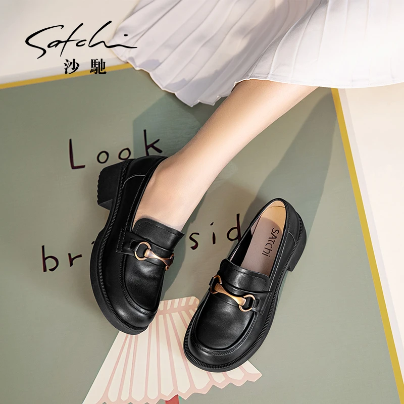 沙驰 牛皮复古马衔扣英伦风乐福鞋学院JK鞋通勤女单鞋