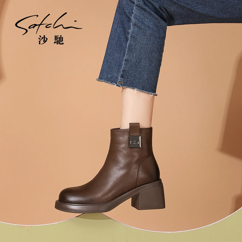 沙驰【加绒牛皮切尔西靴】简约保暖烟筒靴百搭休闲女靴短靴