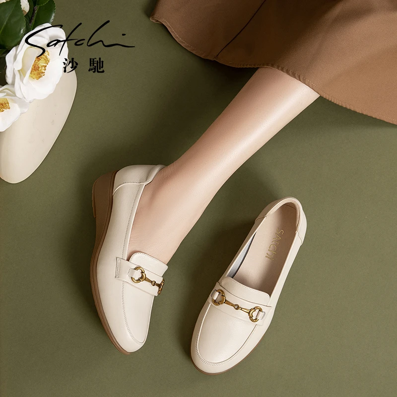 沙驰 牛皮软底乐福鞋简约一脚蹬舒适妈妈鞋