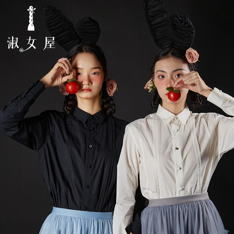 淑女屋衬衫女士长袖上衣宽松翻领凡尔赛玫瑰打褶衬衣