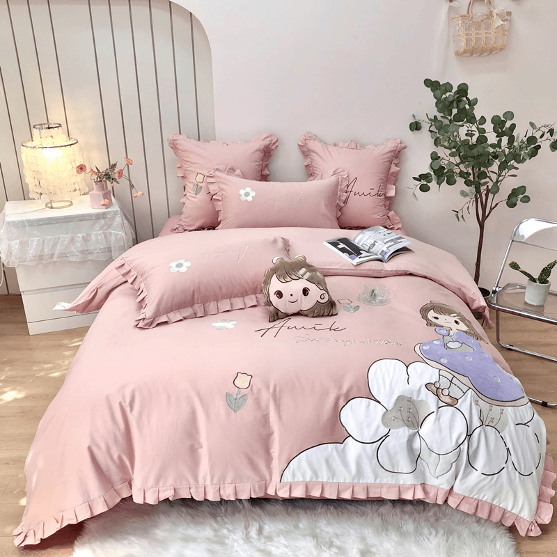 卡通公主风100支纯棉四件套冬季磨毛床上加厚保暖全棉刺绣简约