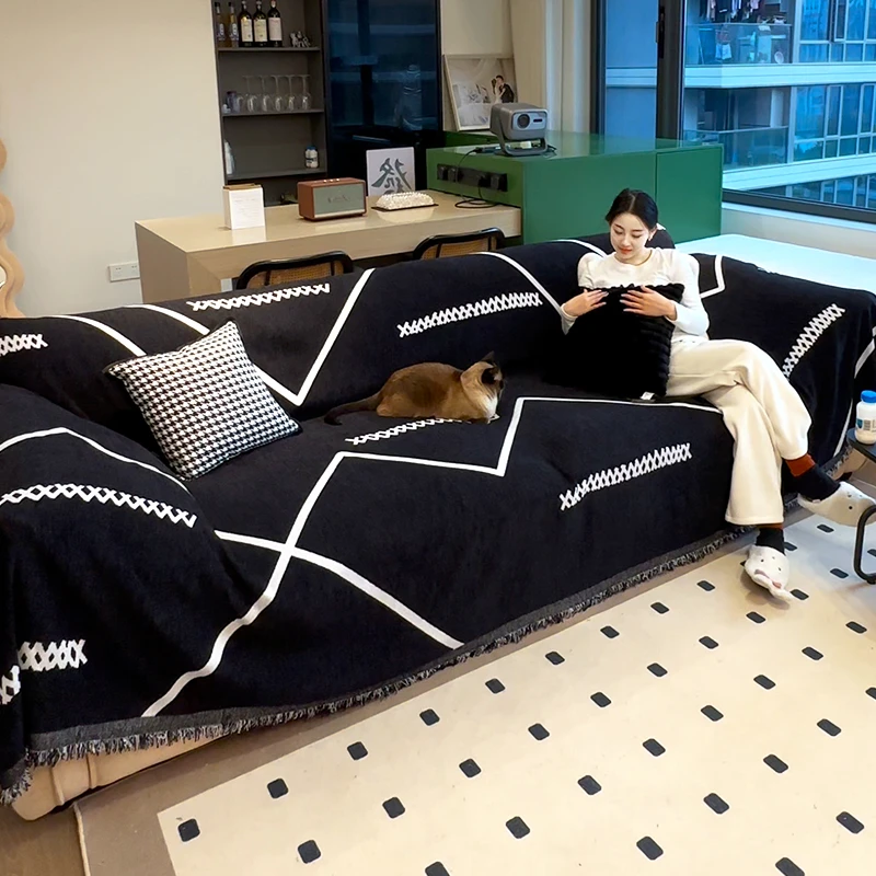 邓肯2025新款黑色沙发盖巾高级感防猫爪套罩四季通用皮沙发坐垫