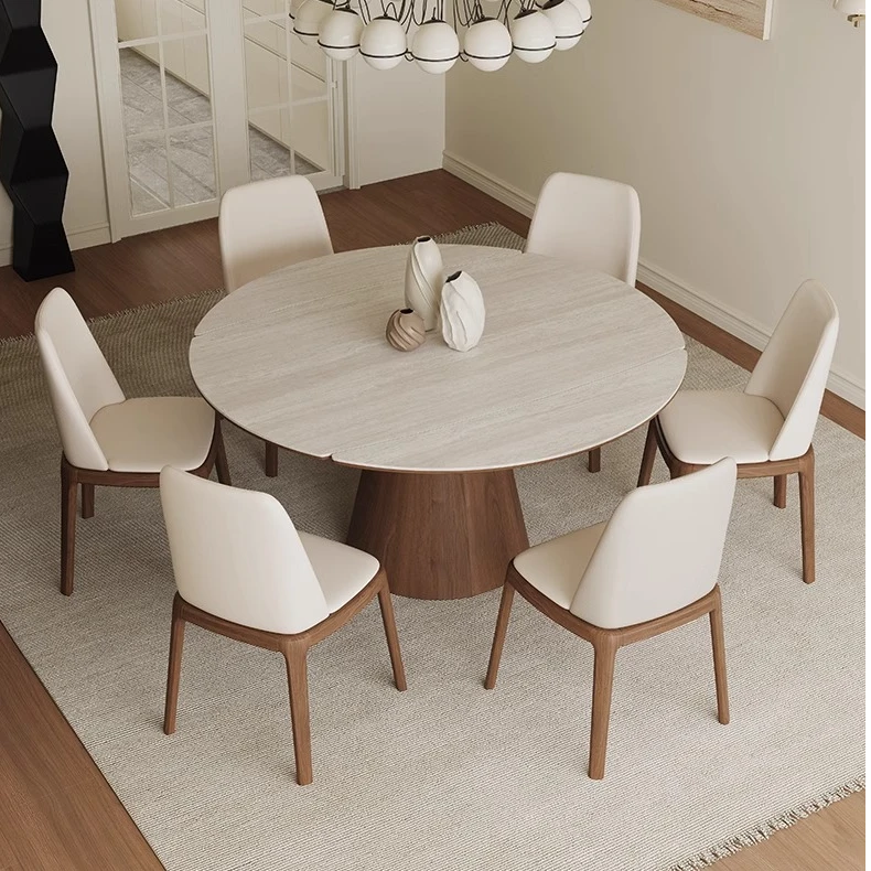 洞石岩板餐桌伸缩可变圆桌家用小户型方圆两用实木圆餐桌可折叠