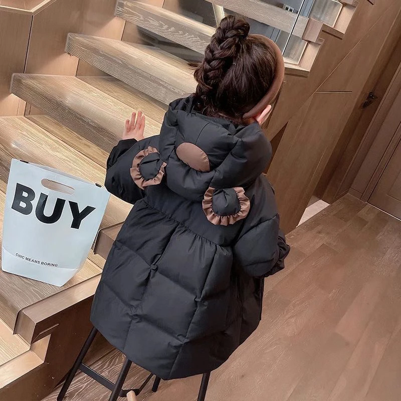 女宝宝纯色连帽中长款秋冬冬季新款小女孩加厚棉服保暖熊耳朵棉袄