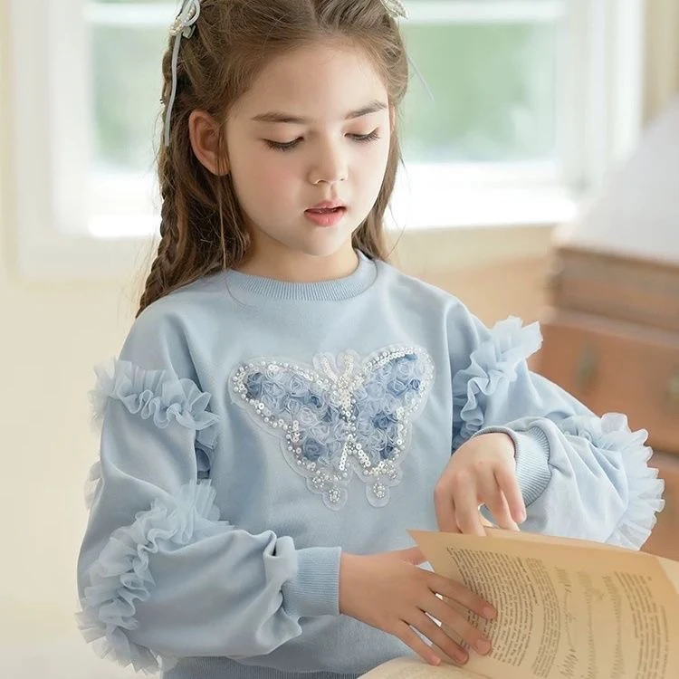 童装女童卫衣春秋长袖网纱木耳边花朵亮片蝴蝶儿童小女孩洋气上衣