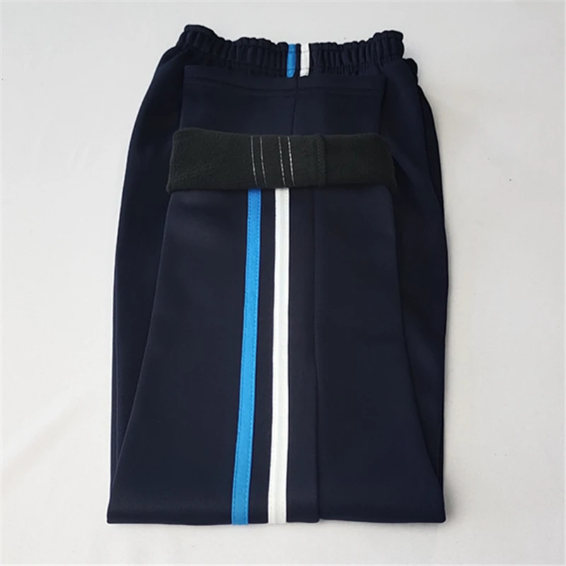 加绒加厚藏蓝色白蓝条校服裤子两条杠蓝白条初高中小学生冬季校裤