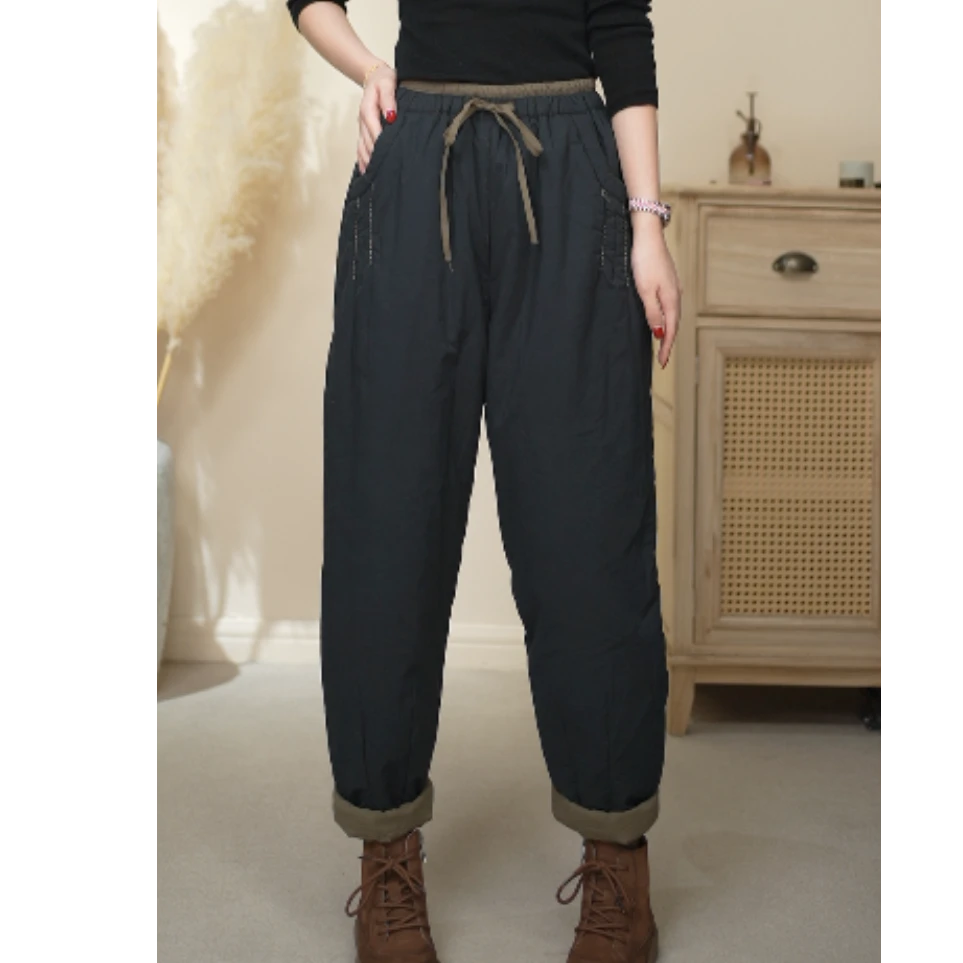 23732拼色时尚百搭休闲夹棉冬季显瘦不臃肿纯棉棉裤