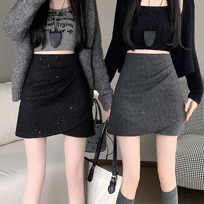 加厚毛呢亮闪闪小香风亮片防走光褶皱不规则包臀a字半身短裙冬裙