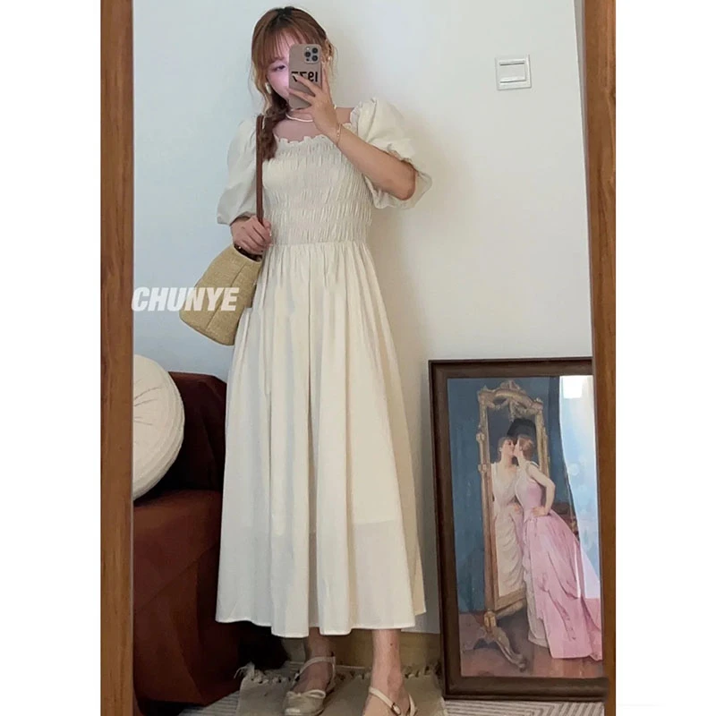 25126 法式方领纯色减龄连衣裙淑女气质中长裙复古小众温柔风夏季