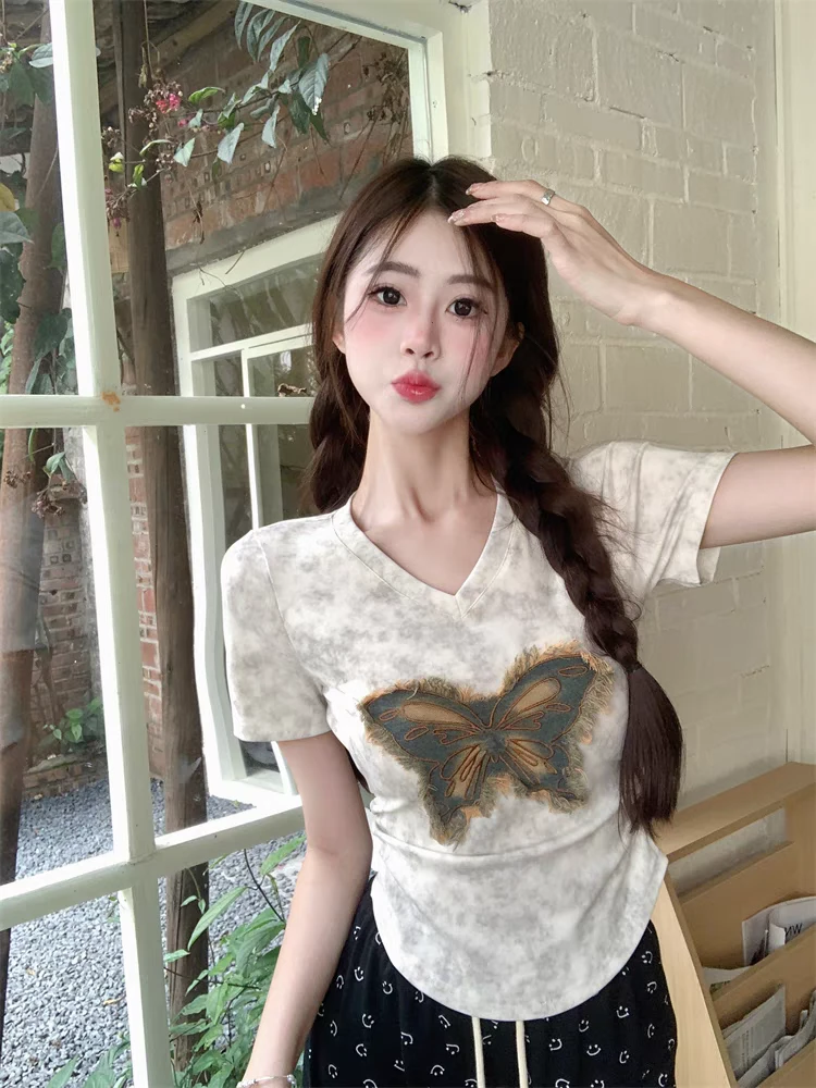 诗丽娅v领蝴蝶扎染正肩短袖女夏夏季复古修身设计感小众短款上衣