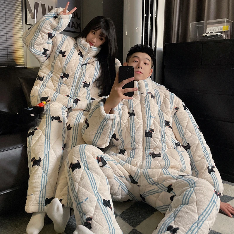 珊瑚绒睡衣女秋冬季三层夹棉袄加厚加绒保暖男士冬天款家居服套装