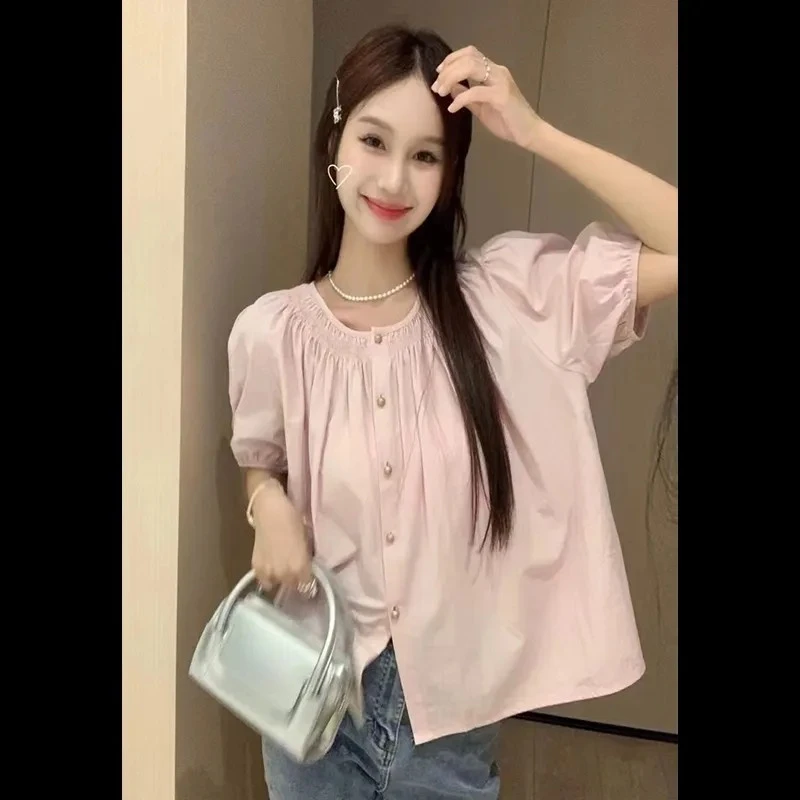 胖MM韩版圆领开衫褶皱小衫气质夏季女衬衣女款爆款2025新款正品