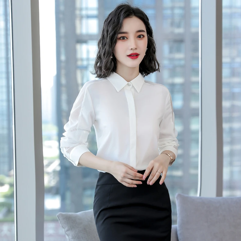 SHILUYA/诗璐雅职业雪纺拼接白衬衫女士长袖白领工装衬衣早秋上衣