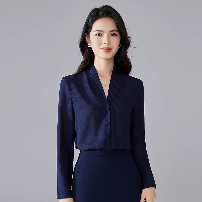 SHILUYA/诗璐雅藏青色长袖条纹衬衫女简约百搭V领衬衣内搭上衣秋