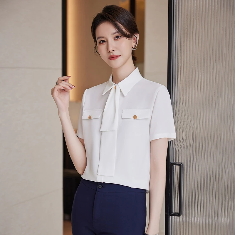 SHILUYA/诗璐雅高级感干练领带衬衫女夏季OL气质通勤百搭雪纺衬衣