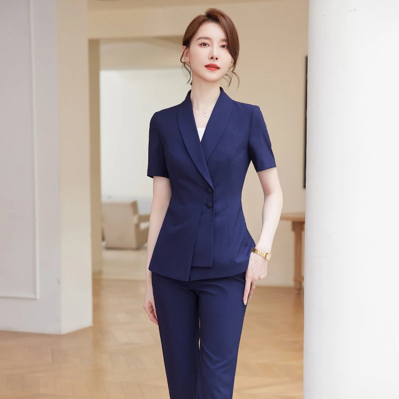 SHILUYA/诗璐雅夏季气质西服女短袖职业套装修身主持人西装两件套