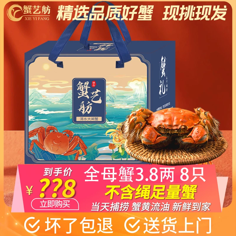 【活蟹现货】蟹艺舫老沈清水大闸蟹全母蟹3.8两-4两 8只礼盒装螃蟹
