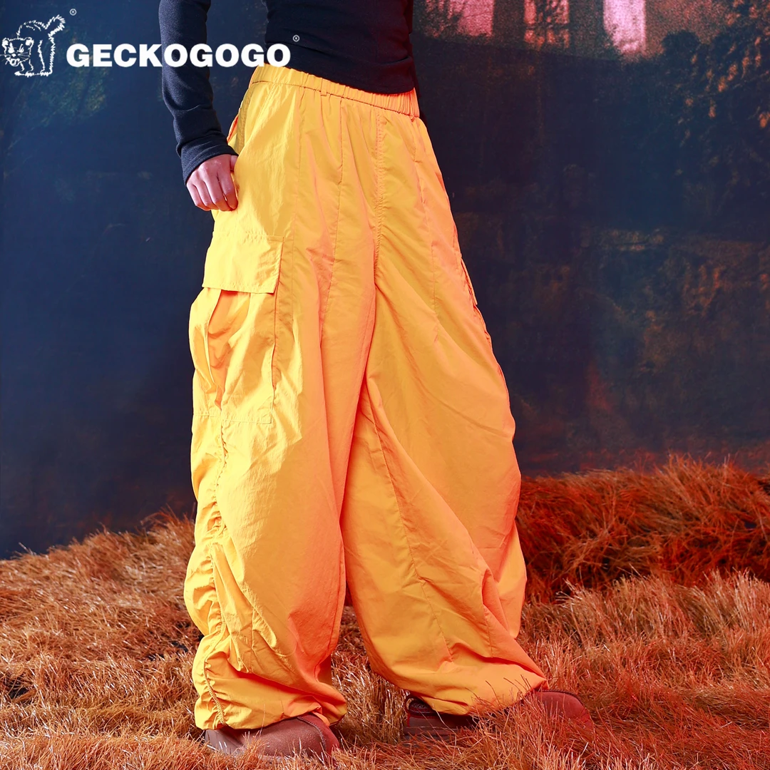 GECKOGOGO明黄色复古垂感工装裤美式伞兵裤束脚抽绳宽松休闲裤