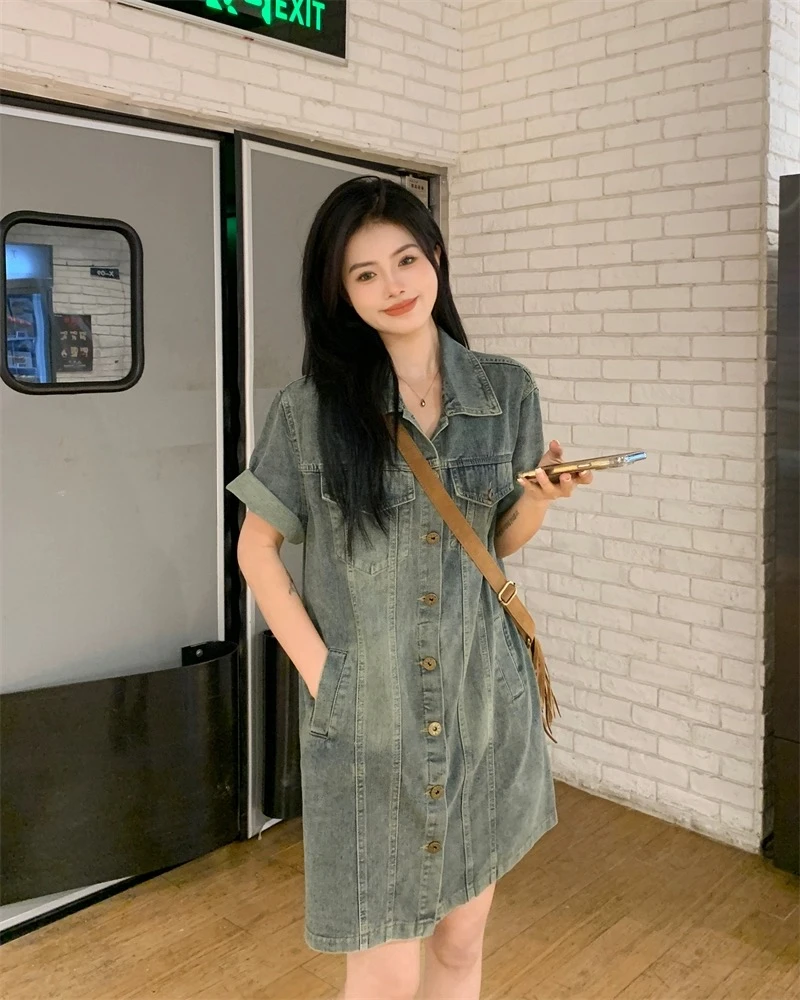 大码复古港风牛仔连衣裙女夏季宽松休闲短裙子胖mm遮肚显瘦百搭