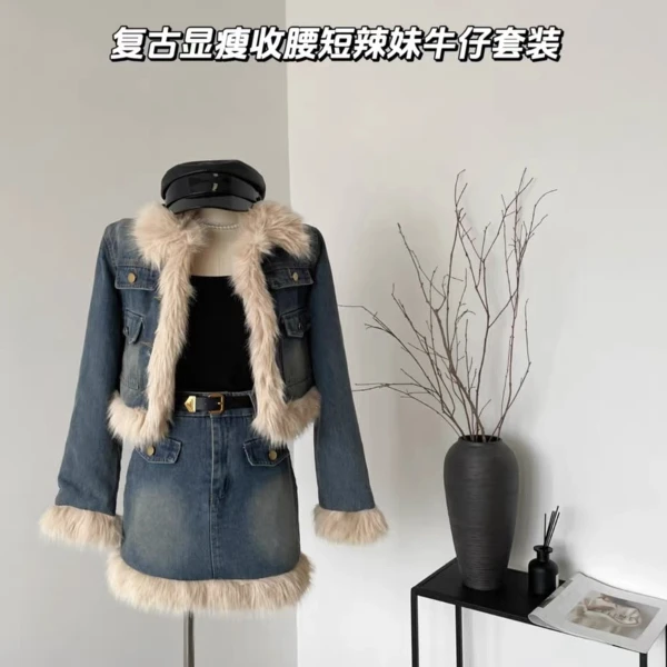 小香风牛仔套装减龄美拉德复古显瘦收腰短外套辣妹半身短裙