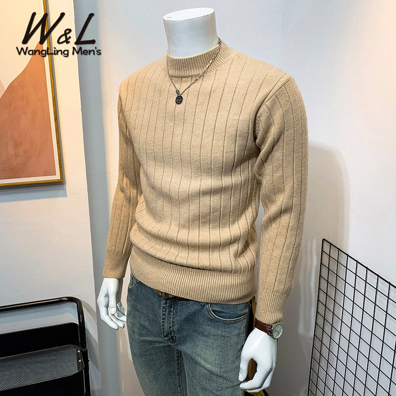 重磅加厚600-700克条纹毛衣男冬季打底针织衫线衣套头半高领青年