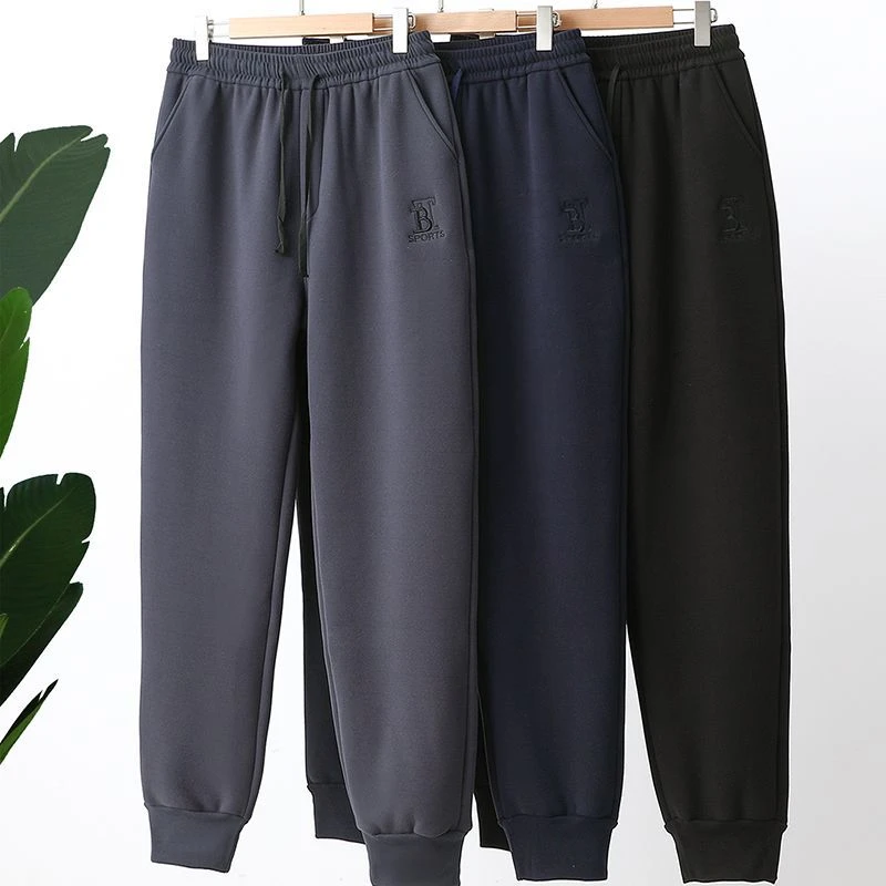 冬季加绒加厚运动男士长裤子宽松加大码卫裤束脚休闲高腰防风卫裤