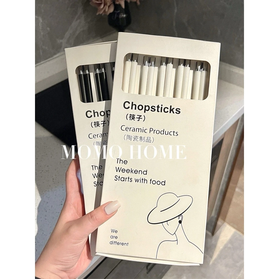 MOMO·简约陶瓷筷子防霉合金银头黑白简约家庭装瓷筷骨瓷筷子