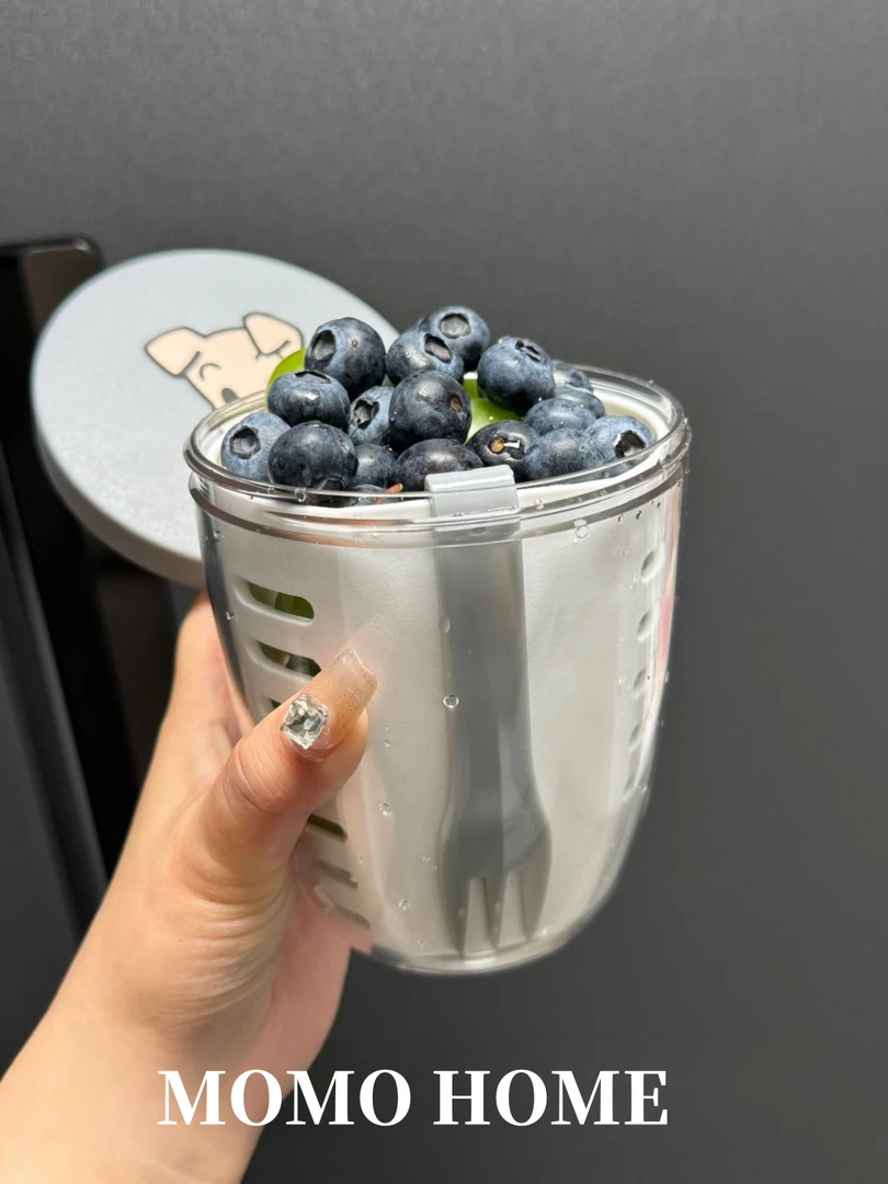 MOM0·ins家用野餐水果杯带叉子双层手提沥水杯便携带盖学生早餐杯
