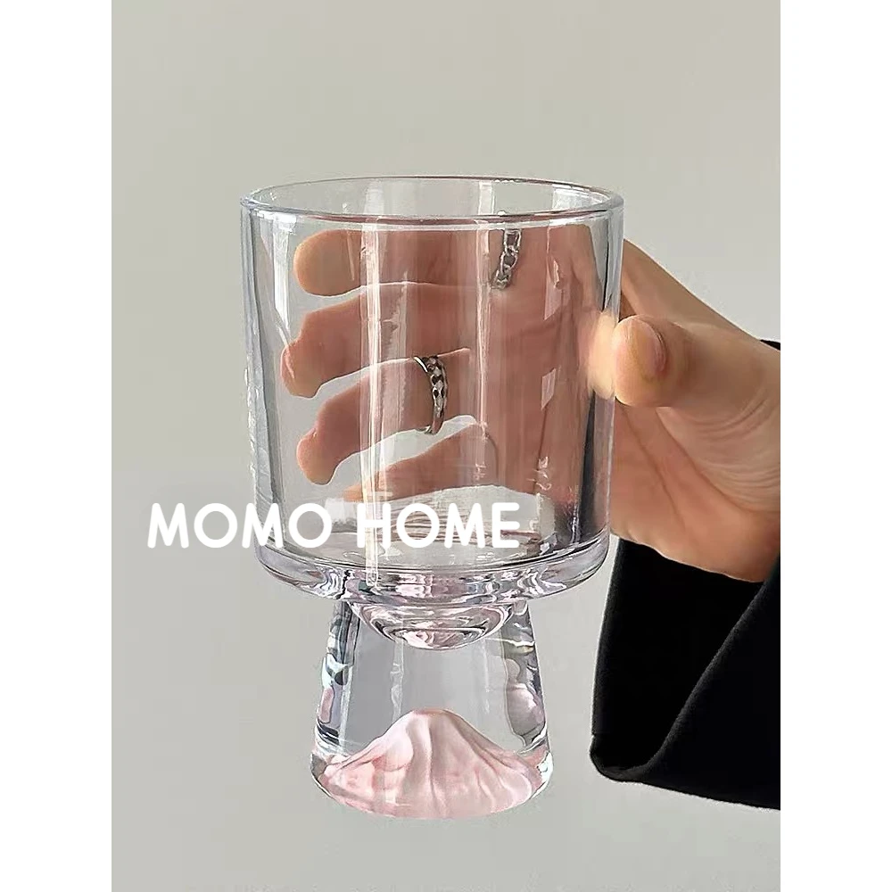 MOMO创意粉色山脉玻璃杯子水杯高级感小众创意高脚杯饮品杯咖啡杯