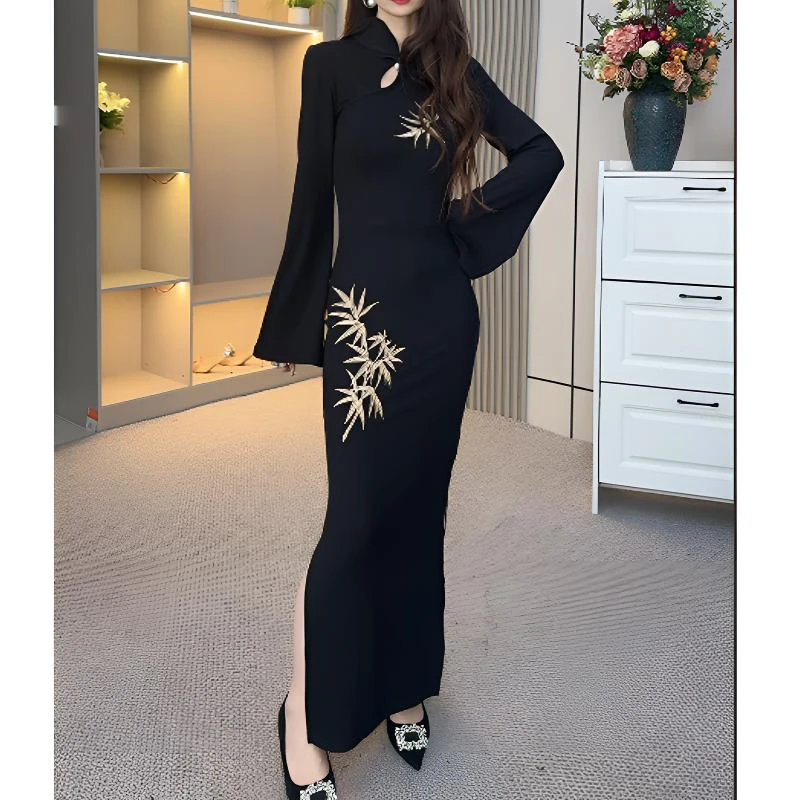 新中式连衣裙少女金丝刺绣旗袍改良修身国风长裙3230