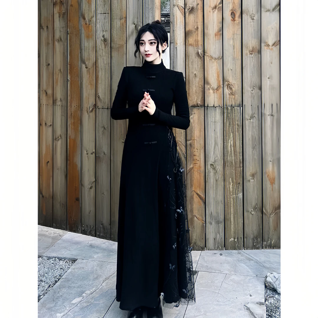 新中式女装别致国风改良旗袍佛系禅意茶服连衣裙子2024秋冬款3317