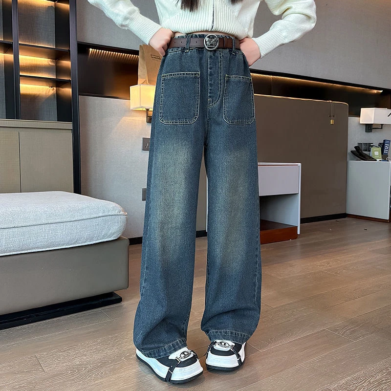 牛仔裤裤子2024秋季新款中大童高腰直筒拖地裤学生女童阔腿牛仔裤