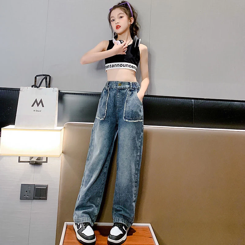 女童牛仔裤2025新款春秋装阔腿裤洋气儿童中大童女童阔腿牛仔裤