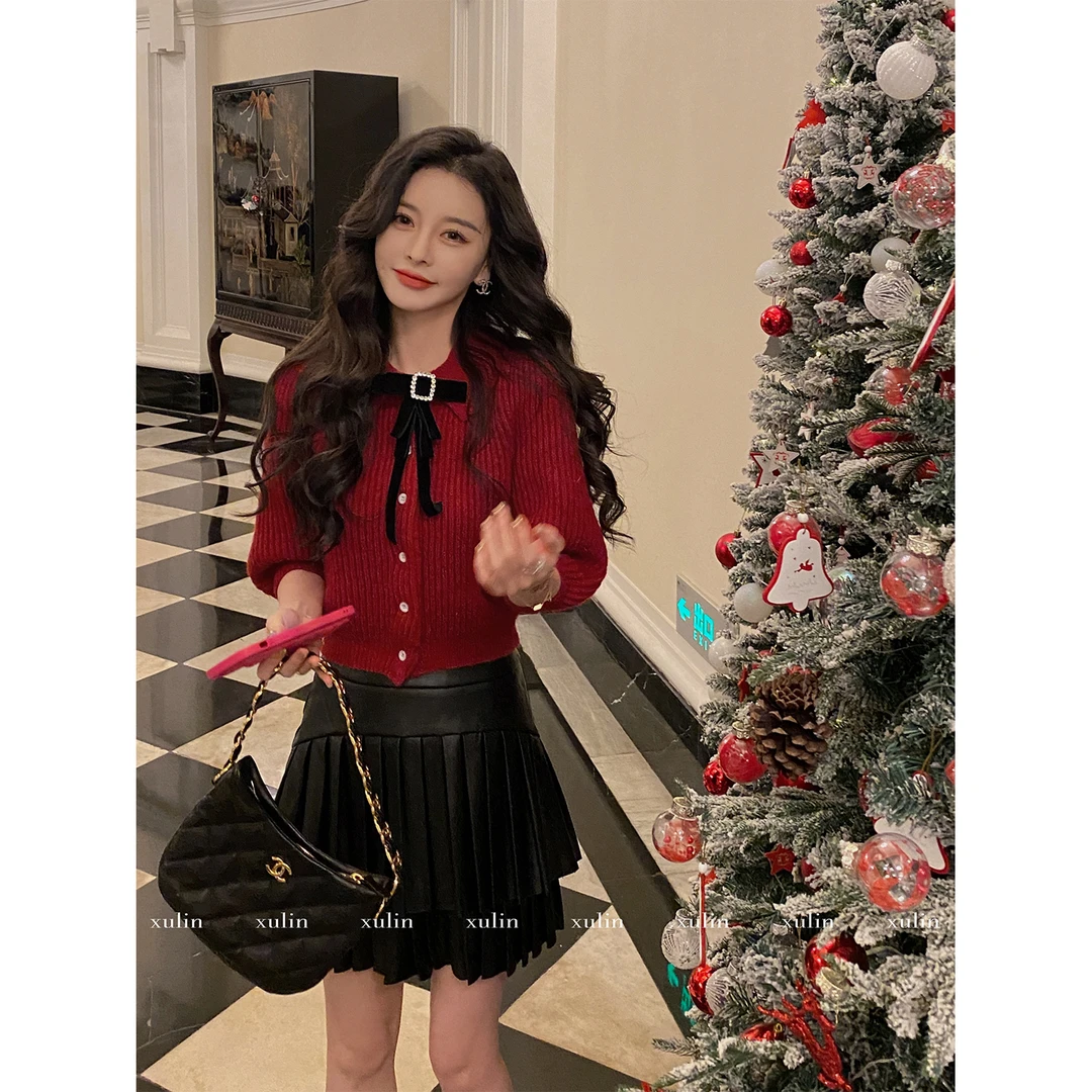 徐琳mini复古法式甜心套装女红色系宫廷感混纺上衣+半裙x220547