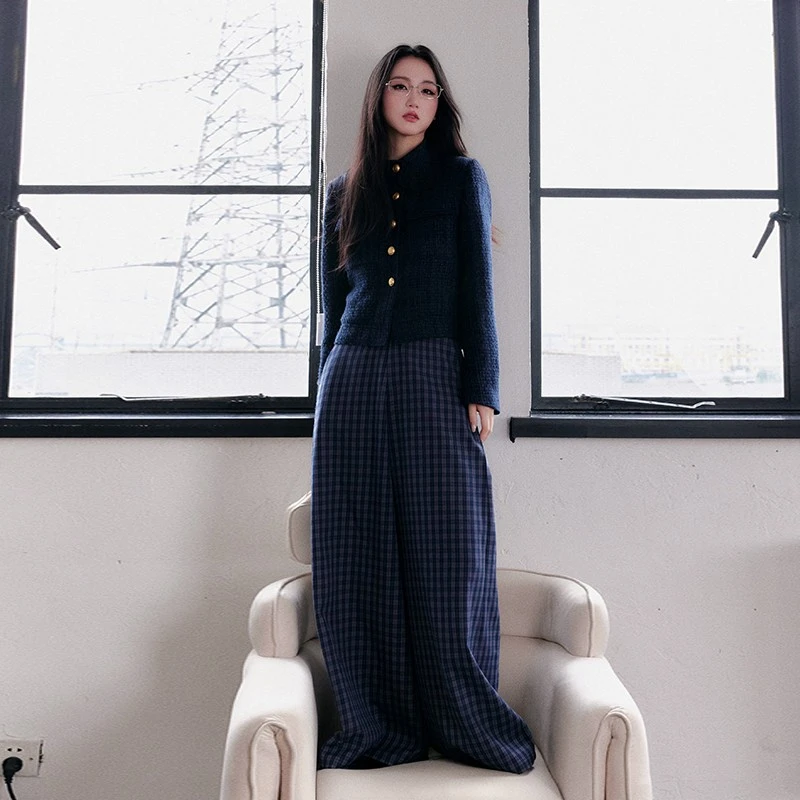 【专属】誉芝yuzhi财阀千金风藏青色毛呢外套秋冬新款小香风开衫