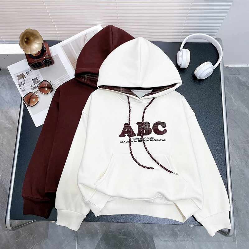 冬季新款加绒帽衫女大童中大童连帽上衣休闲宽松潮zb3735简约童品