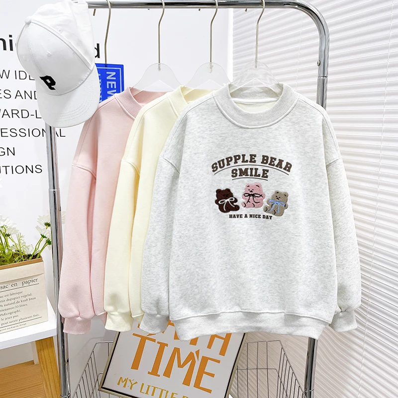 冬季新款儿童加绒卫衣中大童小熊上衣休闲宽松圆领zb3816简约童品