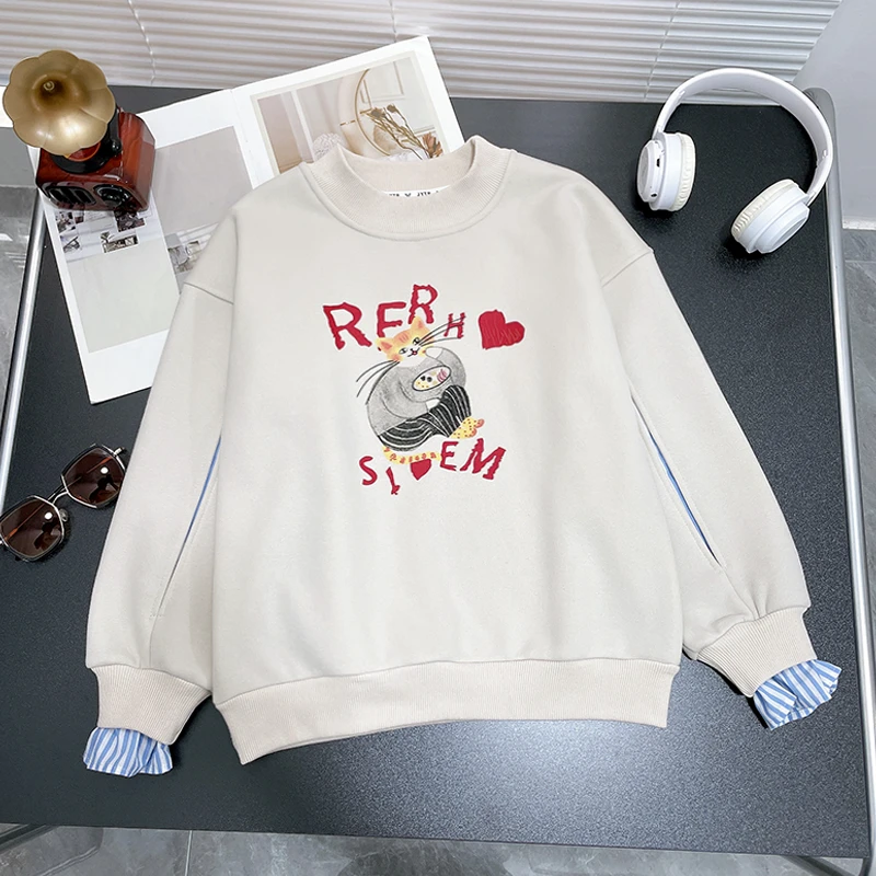 冬季新款加绒卫衣女童中大童圆领上衣休闲宽松洋气zb3724简约童品