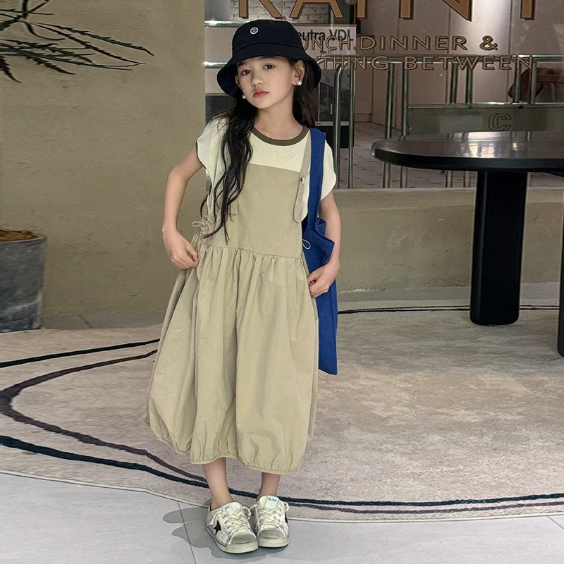 夏季新款女大童背带裙两件套套装百搭洋气宽松童装zb3127简约童品