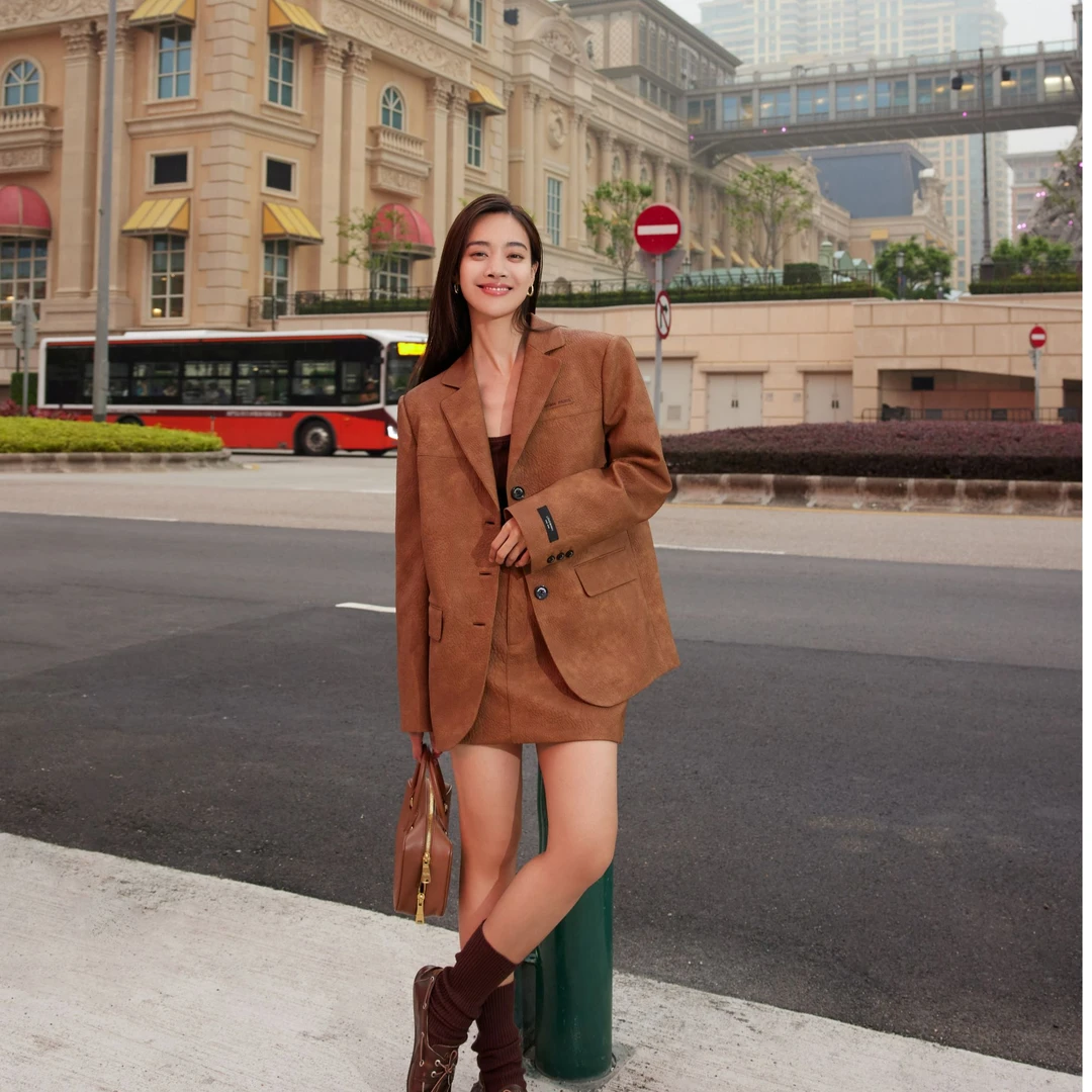 WIWH 焦糖色皮廓形西装