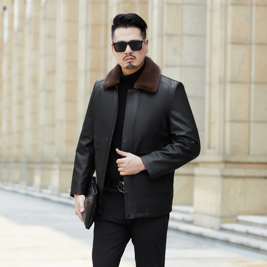 【海宁精选】99冬季男士新款加绒加厚带毛领可脱卸翻领时尚休闲皮衣