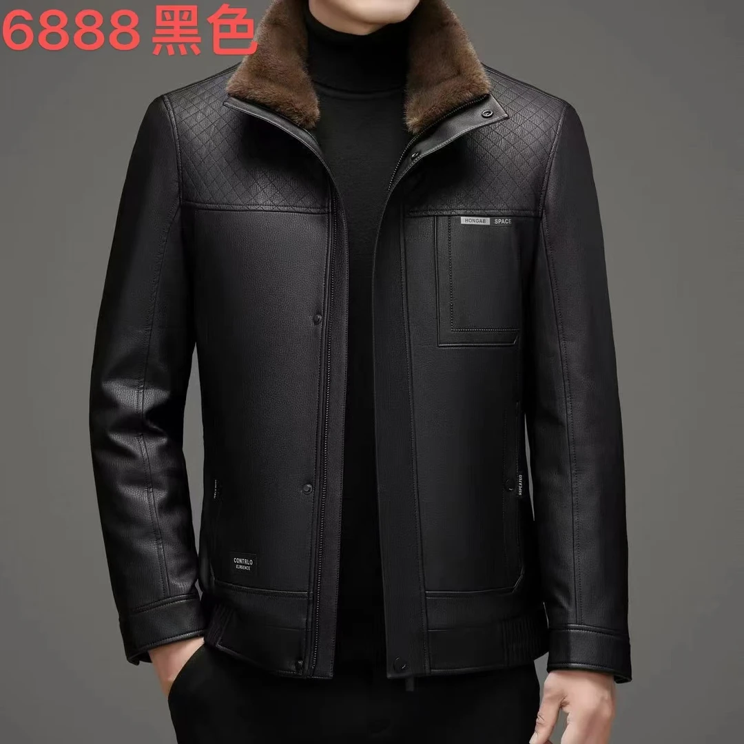 【海宁上新】88冬季男士加绒加厚可立可翻带毛领可脱卸时尚休闲皮衣