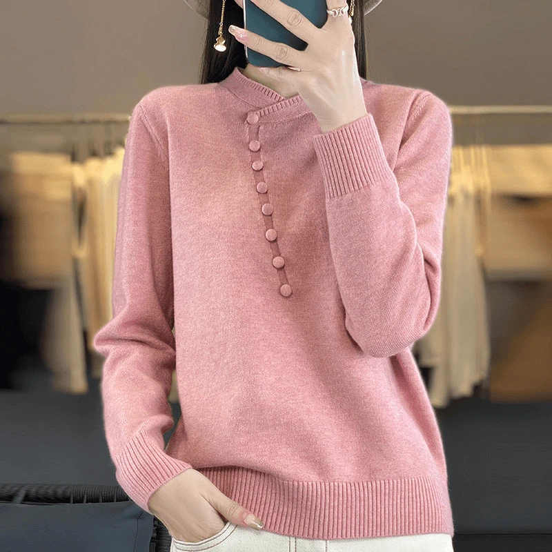 新中式女装中国风复古粉色毛衣女春秋2024新款上衣大码针织打底衫