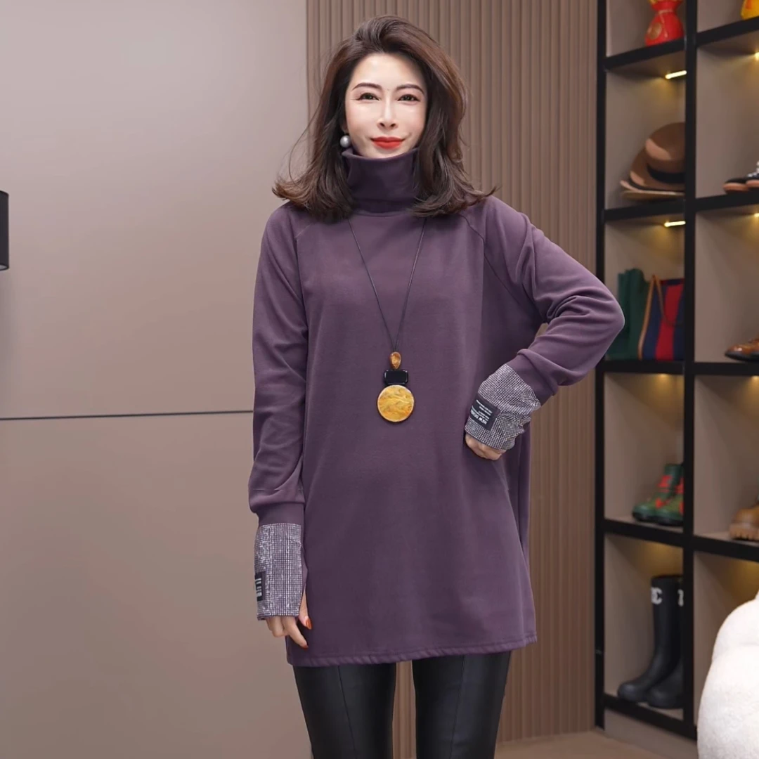 89009#《榜衣》韩版秋冬新款时尚袖口水钻贴标设计感高领长袖女T恤