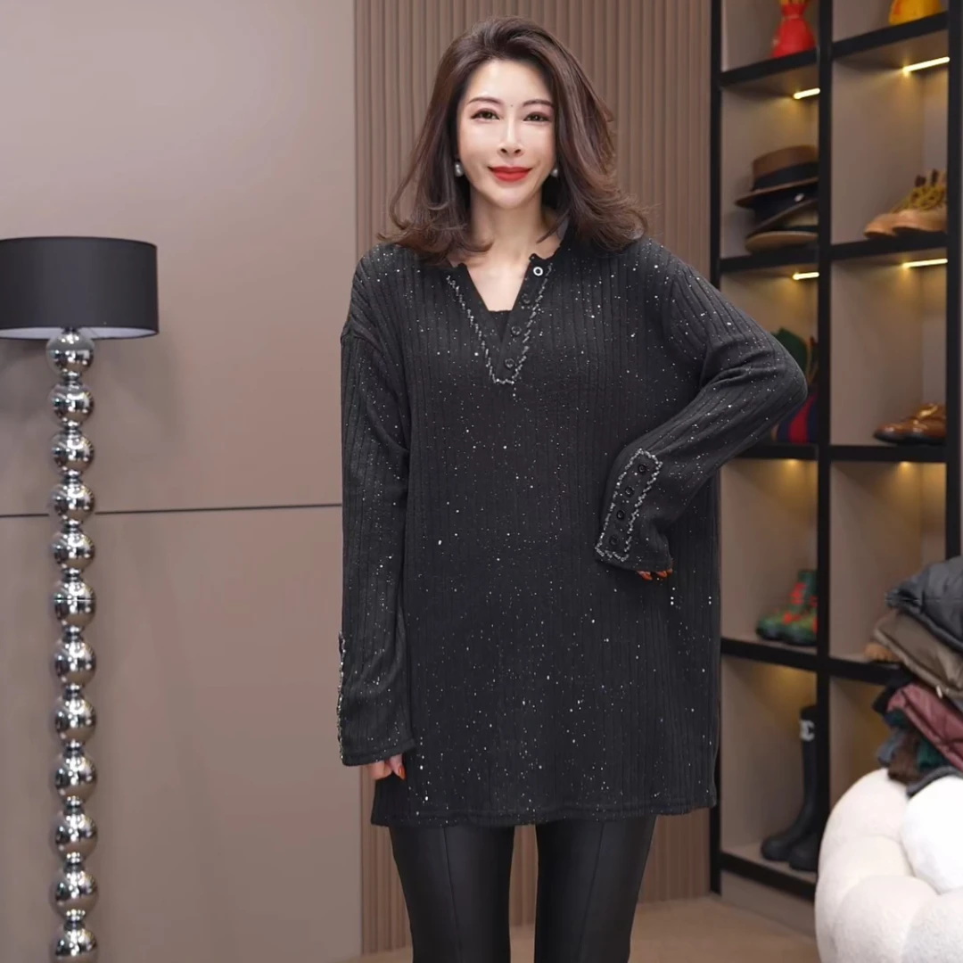 8192#《榜衣》韩版秋冬新款时尚复古亮片纽扣拼接长袖V领显瘦女T恤