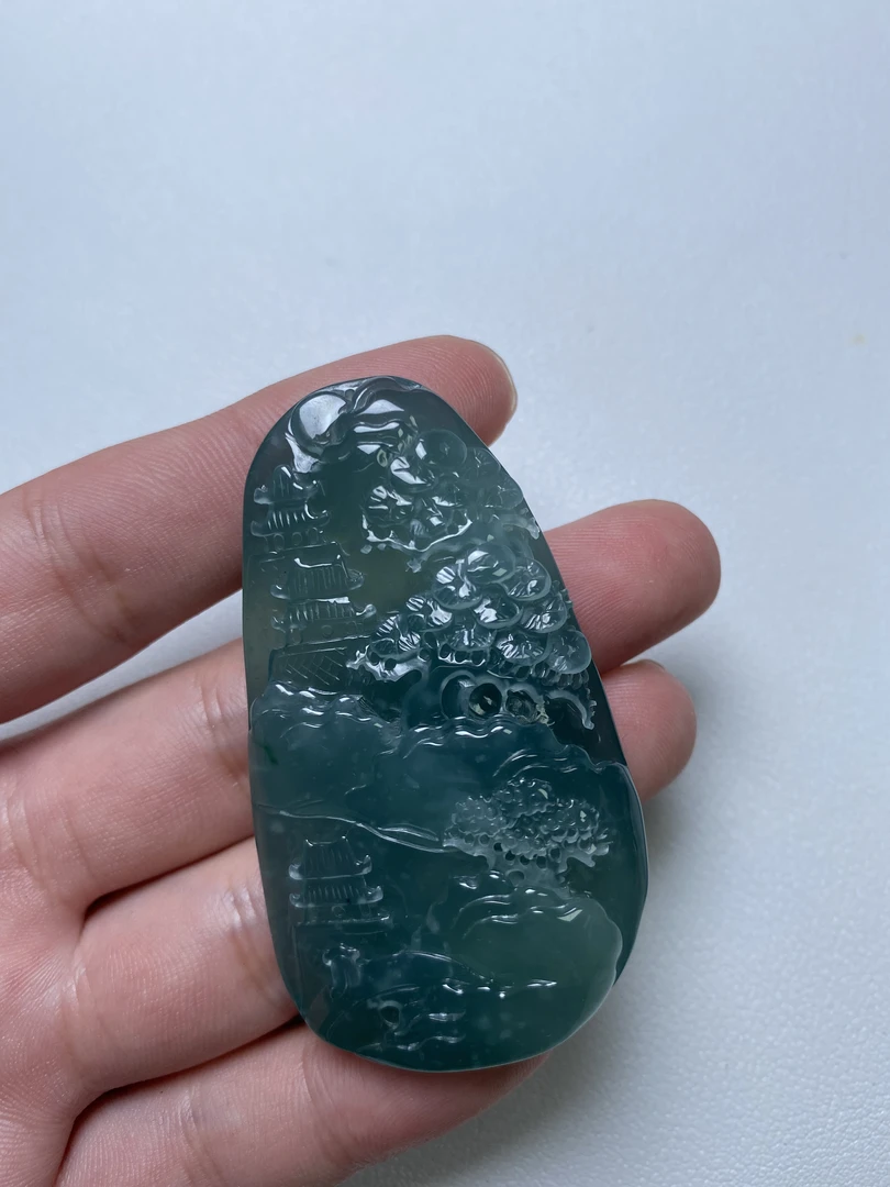 天然翡翠A货山水牌吊坠