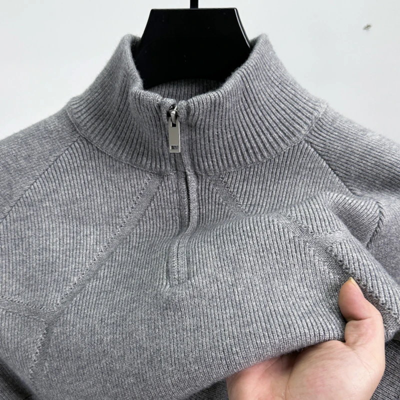 高品质半高拉链领纯色毛衣男秋冬男装加厚宽松休闲针织衫套头打底