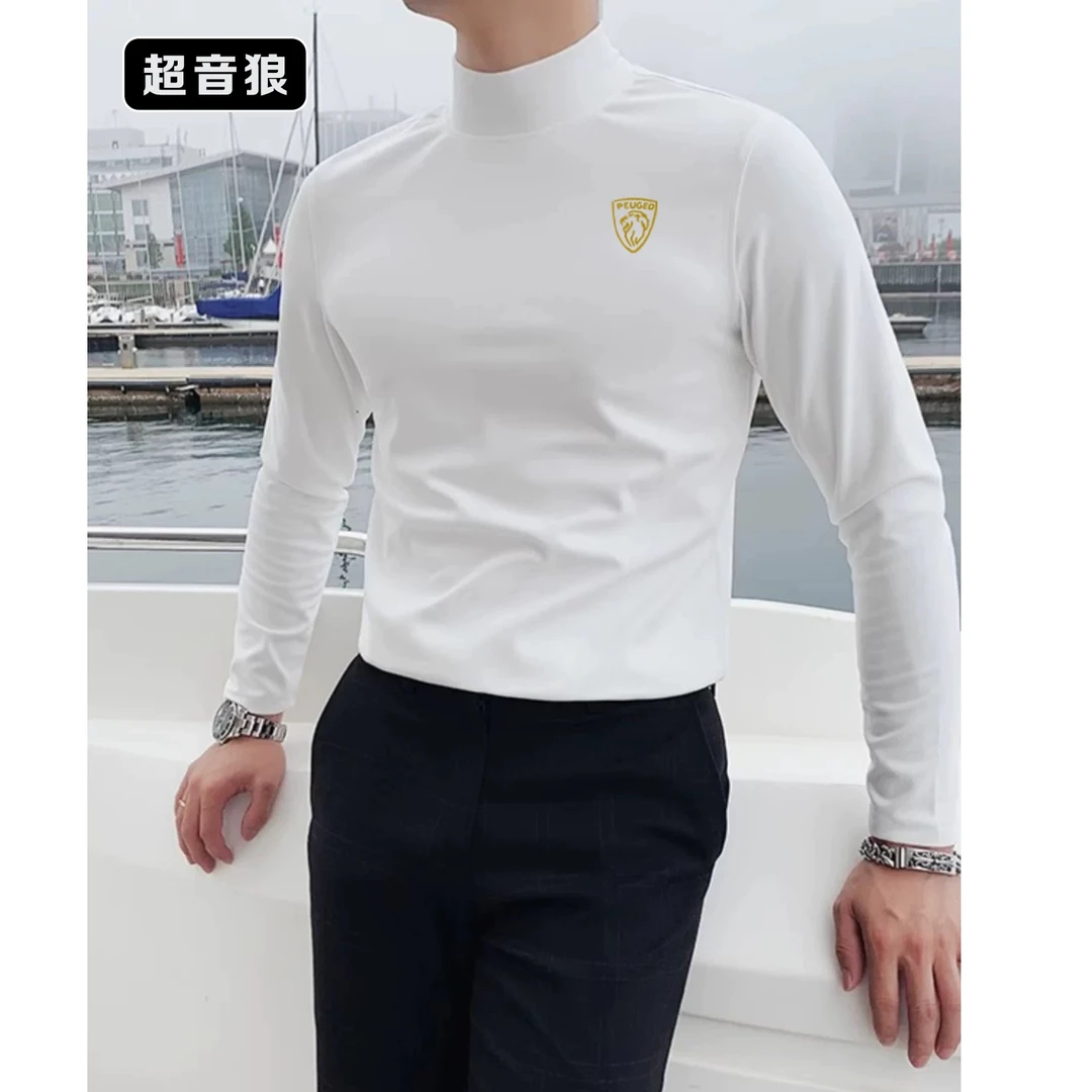 超音狼轻熟风半高领长袖T桖男装2024新款内搭秋冬季双面德绒打底