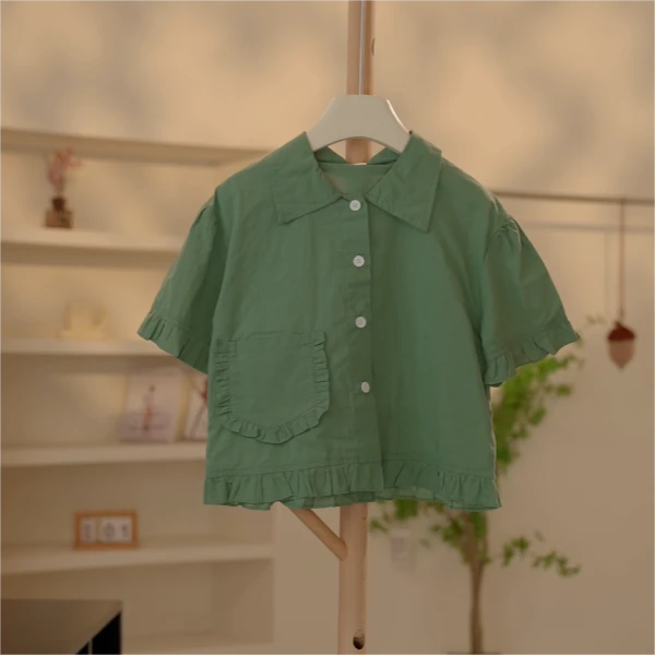 【编号H428】66671-05-儿童 木耳花边短袖衬衫 绿色-JM
