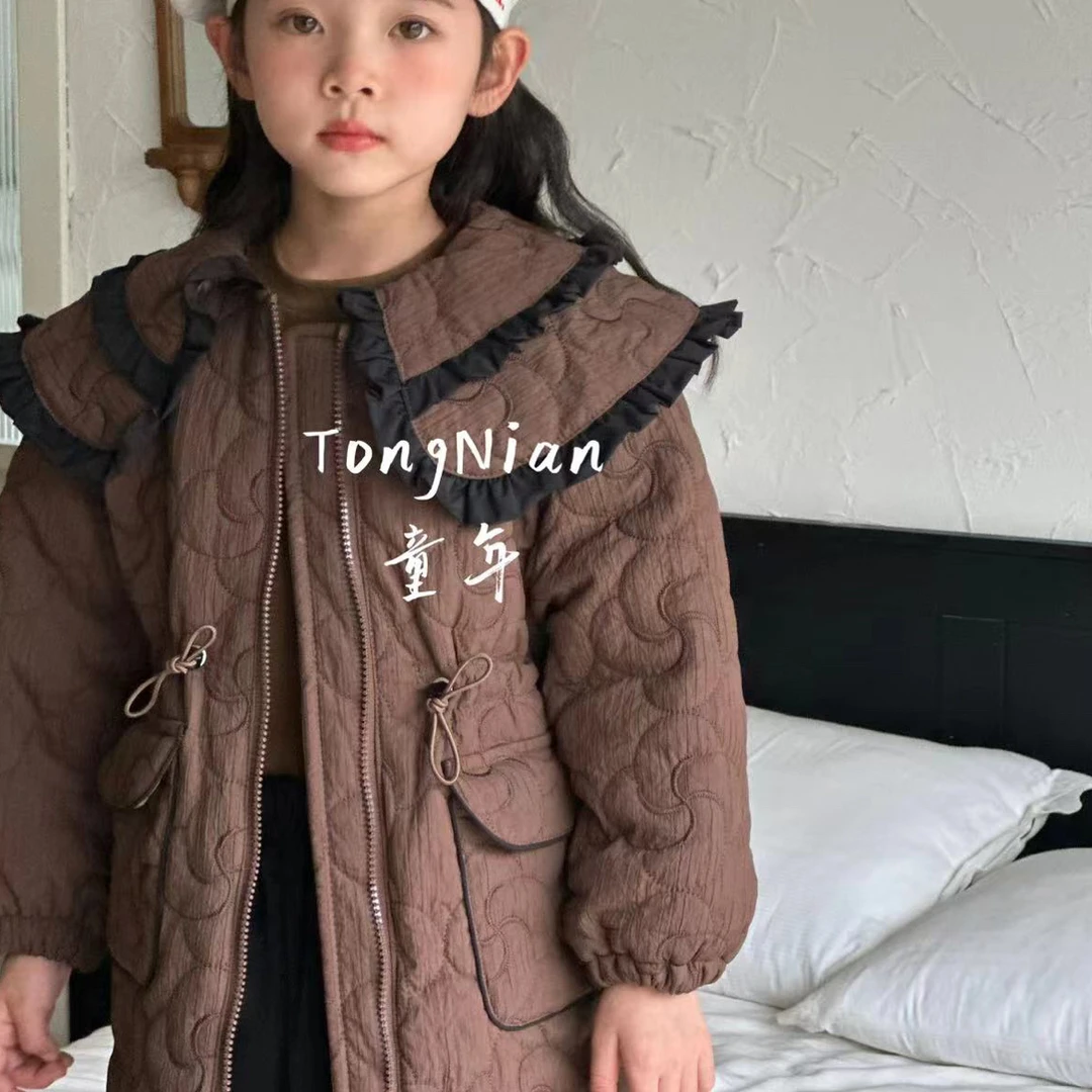 【编号N909】127#-13-儿童双花边领绗绣棉服咖色-TNYG